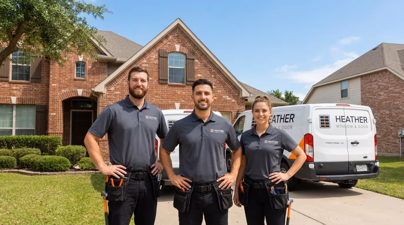 Three Heather Window and Door team members standing in front of branded service vans at a home