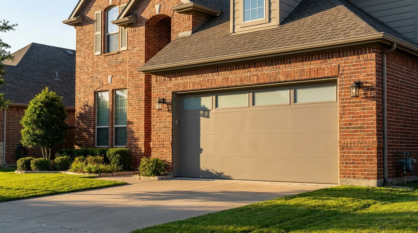 Clean gray garage door on a brick home