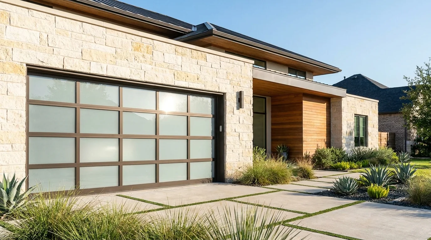 Modern glass-panel garage door on a light stone home