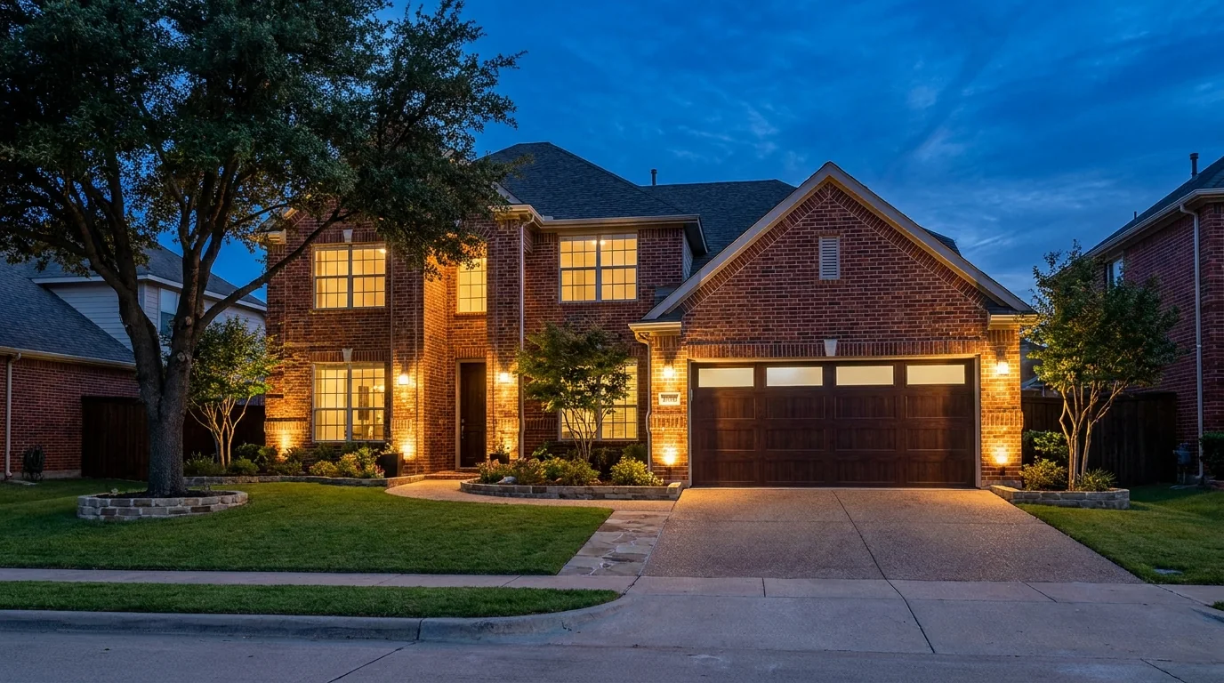 Dark wood-look garage door on a brick home at dusk