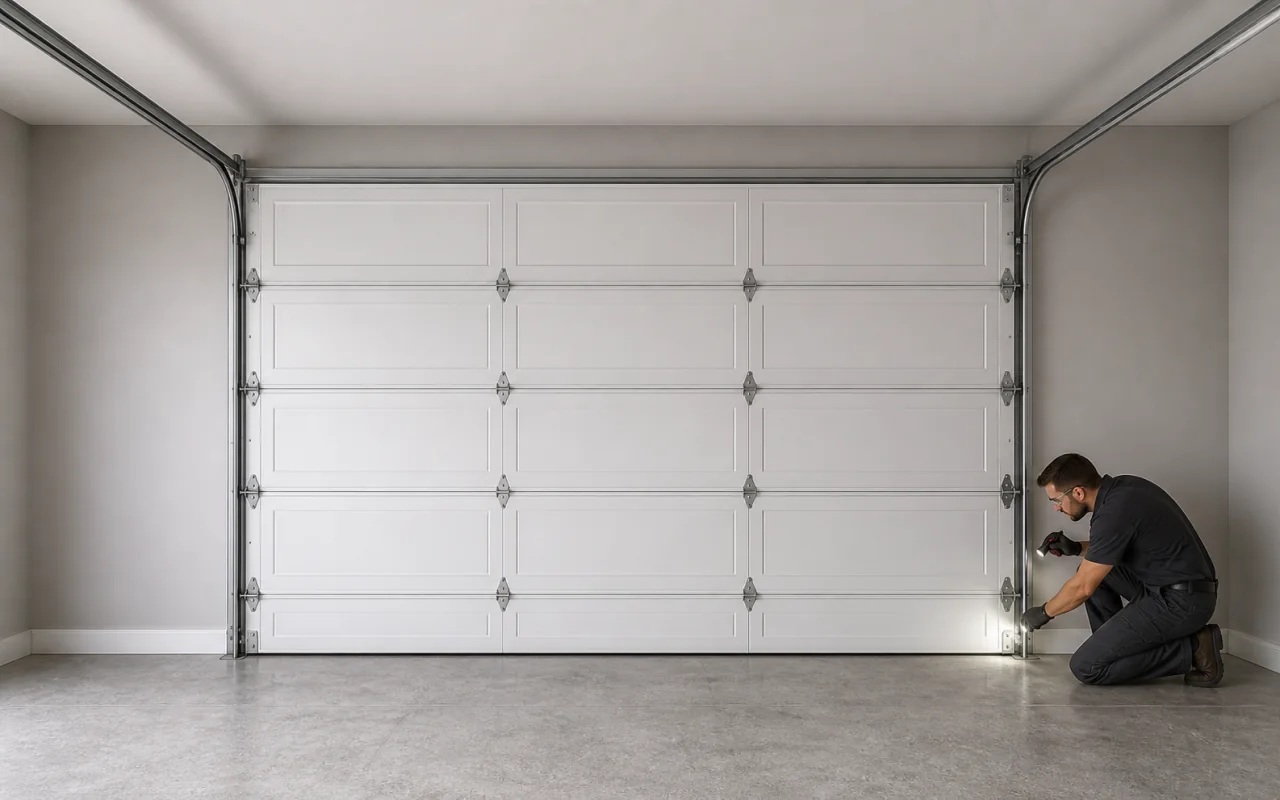Garage door technician inspecting a lower roller seated in the track beside a closed sectional door