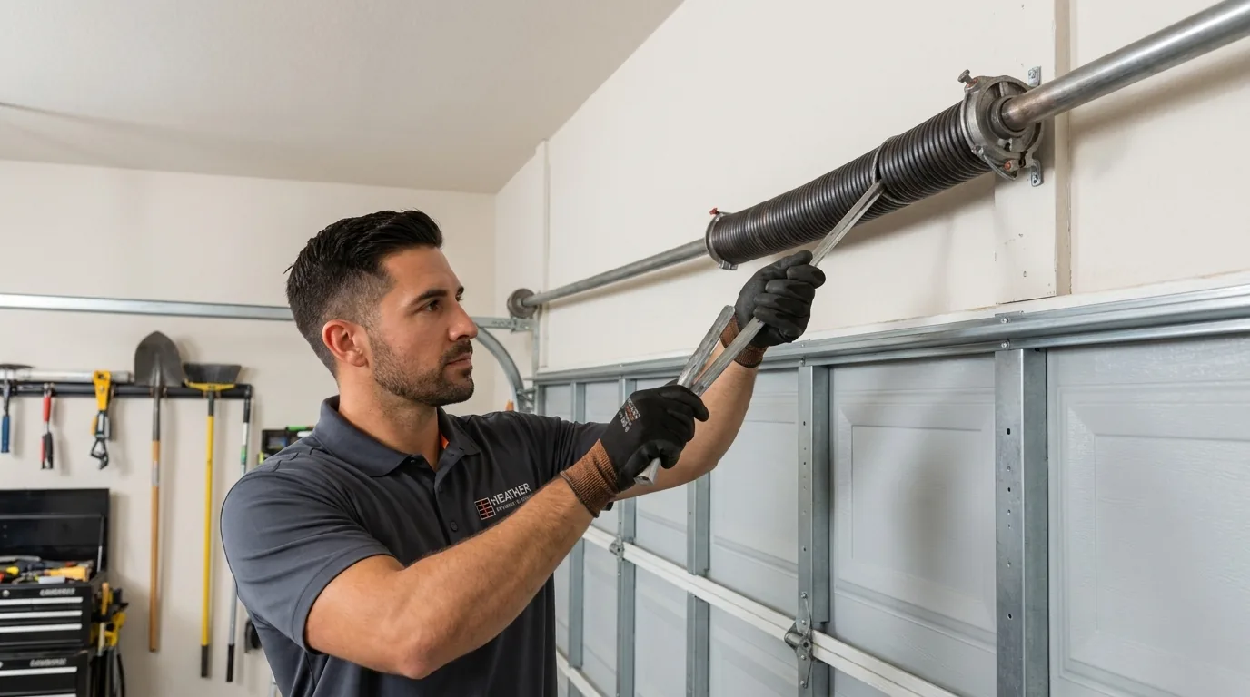 Technician working on a garage door spring